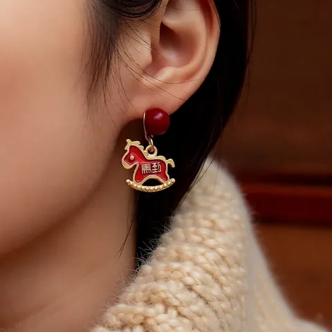 Orecchini A Cavallo A Dondolo Con Smalto Rosso Lega E Perno In Argento Gioielli Di Fortuna Capodanno Cinese Per Donne