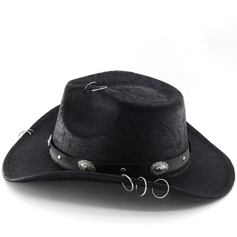 Western Cowboy Hat Retro Suede Texture Wide Brim Punk Rock Metal Rings Leather Band Sun Protection Fedora Jazz Cap