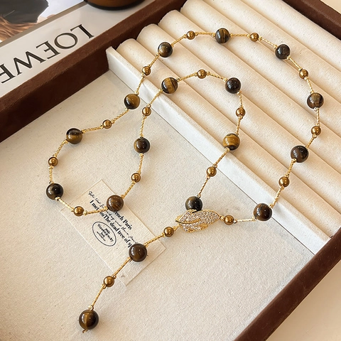 Collana Lunga A Y Vintage Perline In Pietra Occhio Di Tigre Lega Placcata Oro Pendente Foglia Zircone Catena Maglione Donna