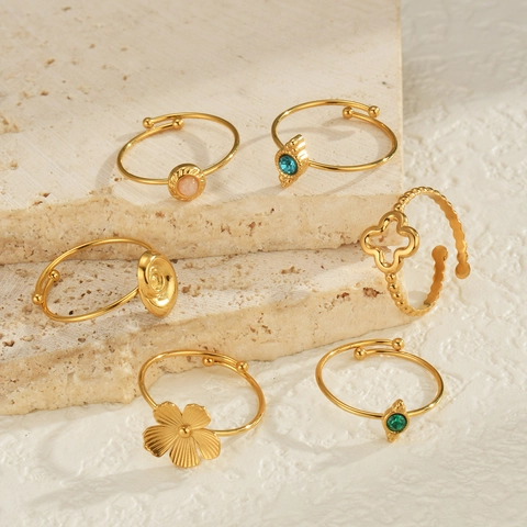 Vintage 14K Gold Plated Stainless Steel Rings Malachite Turquoise Bohemian Geometric Adjustable Open Rings For Women