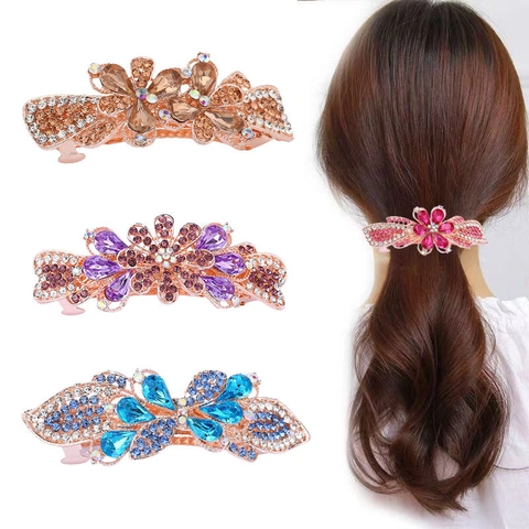 Vintage Rhinestone Flower Hair Clips Zinc Alloy Barrette For Women Shiny Crystal Bow Spring Clip Elegant Hair Accessories