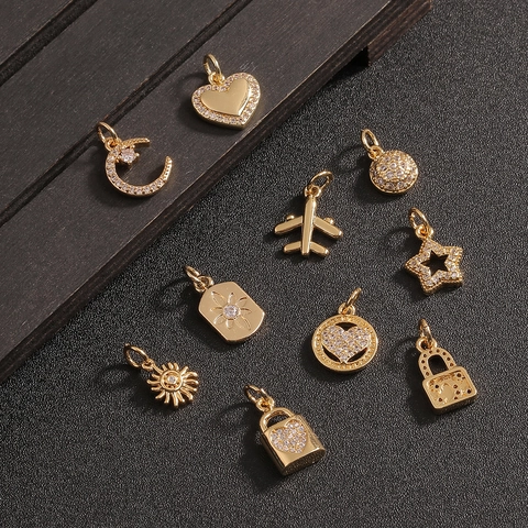 Copper Charms Pendants Gold Plated Cubic Zirconia Heart Star Moon Airplane Sun Shield For DIY Jewelry Making