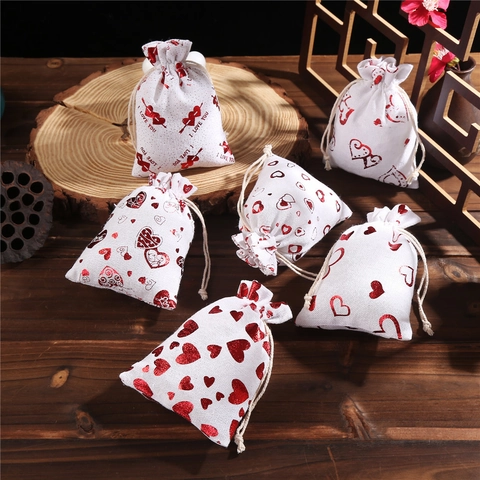 Sacs Cadeaux À Cordon En Coton Et Lin Avec Imprimé Cœur Pour Mariage Fête Bijoux Emballage Pochettes Motif Amour Romantique