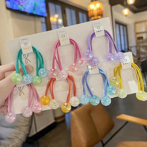 Kids Hair Ties Elastic Hair Rope With Double Acrylic Beads Cracked Glitter Candy Color Ponytail Holder For Girls