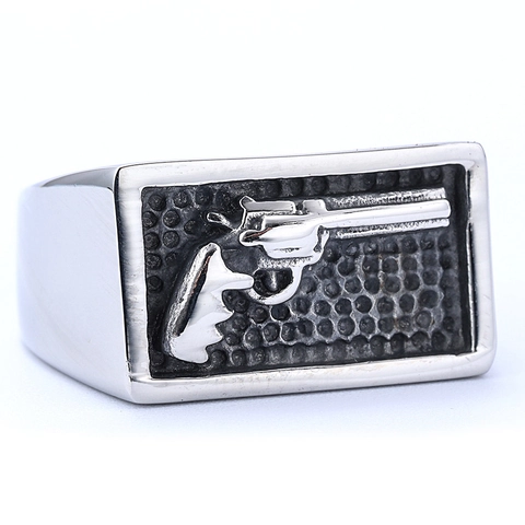 Bague Chevalière Revolver Pour Hommes Acier Inoxydable 316L Punk Rock Biker Vintage Face Rectangulaire