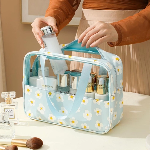 Borsa Da Trucco Trasparente Impermeabile PVC Organizzatore Viaggio Portatile Grande Capacità Stampa Floreale Pochette Portaoggetti