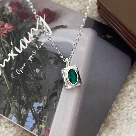 925 Sterling Silver Necklace With Oval Green Gemstone In Rectangle Frame Minimalist Korean Style For Women