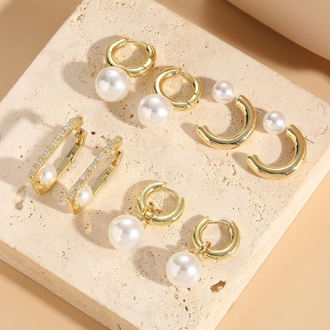 Bohemian Hoop Earrings Copper Zircon Artificial Pearl Elegant Luxury Gold Plated Geometric Jewelry For Women