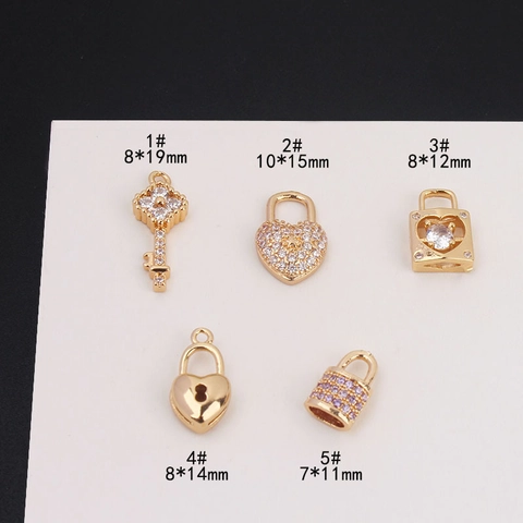 Gold Plated Copper Key And Heart Lock Charms With Zircon Pendants For DIY Jewelry Making Accessories Handmade Earring Parts