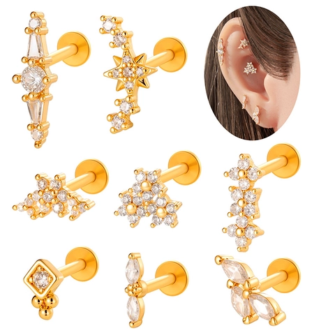 F136 Titanium Alloy Labret Stud Earring With Copper Inlaid Zircon Flower Cross Star Shape Internal Thread Jewelry