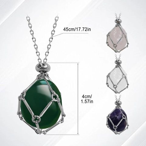 Natural Crystal Stone Pendant Necklace Metal Cage Wrapped Amethyst Rose Quartz Bamboo Chain Healing Jewelry