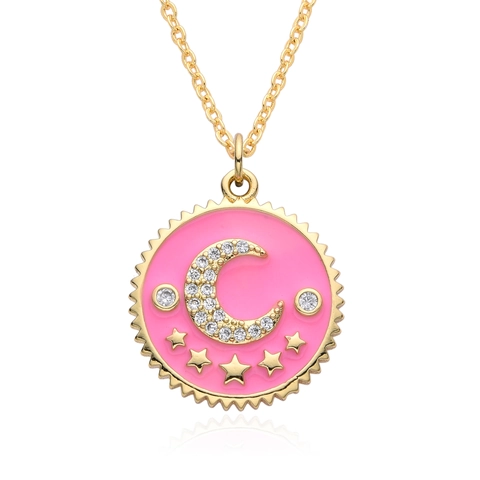 Europäische Mode Kupfer Emaille Mond Stern Rund Anhänger Halskette Strass Mikro Eingelegt Schmuck Für Damen