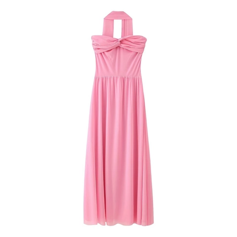 Robe Maxi En Maille Dos Nu Bustier Noeud Torsadé Plissée Élégante Douce Rose Soirée