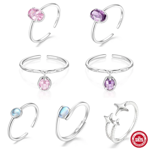 Bagues Ouvertes Ajustables En Argent Sterling 925 Minimalistes Zircon Pierre De Lune Étoile Pendants Femmes Bijoux Élégants