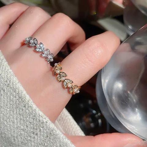 Wheat Ear Leaf Open Adjustable Ring Copper Zircon Imitation Artificial Pearl Elegant Fashion Jewelry Gift For Women