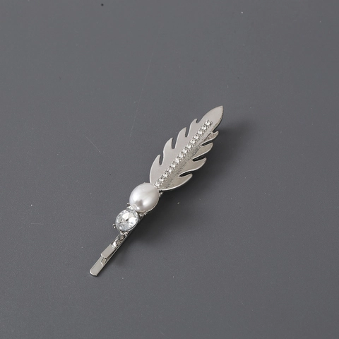 Elegante Pasador De Pelo En Forma De Pluma Aleación Diamantes De Imitación Perla Artificial Horquilla Para Mujer Accesorios De Moda