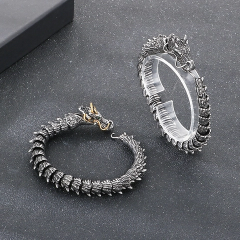 Vintage Dragon Bone Link Bracelet For Men Stainless Steel Punk Gothic Hip Hop Bangle With Green Cubic Zirconia Eyes