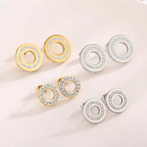 Pendientes De Botón Redondos Acero Inoxidable Con Diamantes De Imitación Joyería Geométrica Hueca Para Mujer Moda