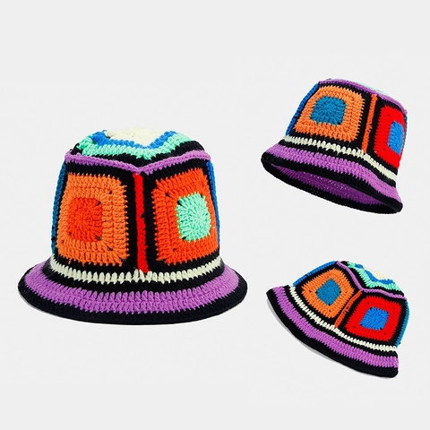 Handgefertigter Häkel Anglerhut Bunter Granny Square Patchwork Strick Vintage Boho Sonnenschutz Fischerhut Damen