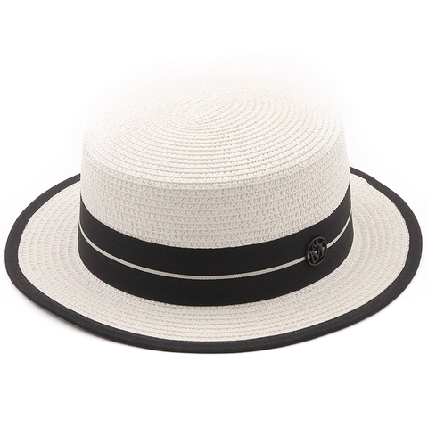 Cappello Canotier Donna Paglia Intrecciata Nastro Piatto Protezione UV Estate Spiaggia Cappello Sole Francese Vintage Elegante