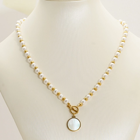 Collar Con Colgante Redondo De Nácar Acero Inoxidable Chapado En Oro Perla Artificial Sintética Cierre OT Joyería Elegante Para Mujer