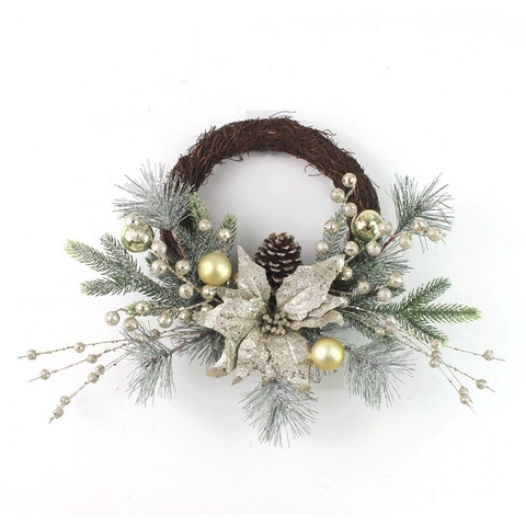Christmas Wreath Artificial Golden Flower Pine Needle Cone Rattan Ring Front Door Hanging Decoration LED Festive Ornament