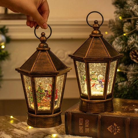 Weihnachts Latern Retro Schneekugel LED Wasserlampe Weihnachtsmann Schneemann Interieur Glitzer Bronze Desktop Ornament