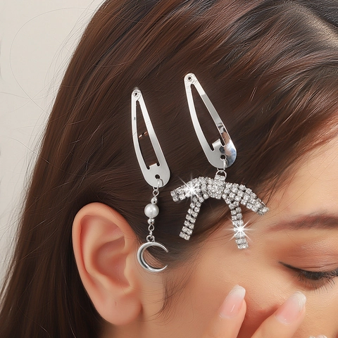 Pinzas Para El Cabello De Aleación Con Diamantes De Imitación Colgante De Luna Y Lazo Perla Artificial Brillante Accesorios Para El Pelo