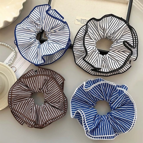 Large Striped Fabric Scrunchie Multi-Layer Pleated Hair Ties High Elastic Ponytail Holder Ruffle Accessories For Women