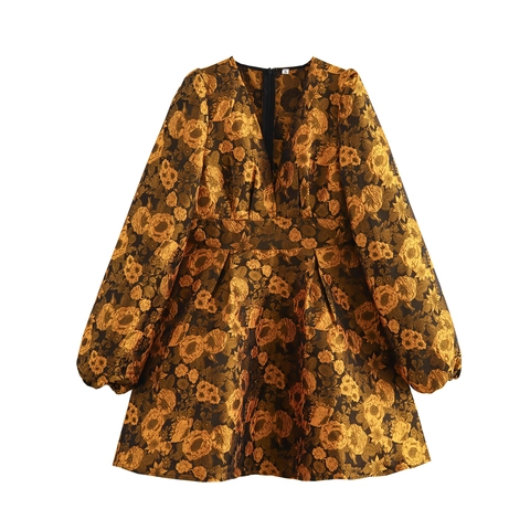 Dames Jacquard Bloemen Mini Jurk V-Hals Lange Mouwen Hoge Taille Pof A-Lijn Vintage Elegant Ritssluiting