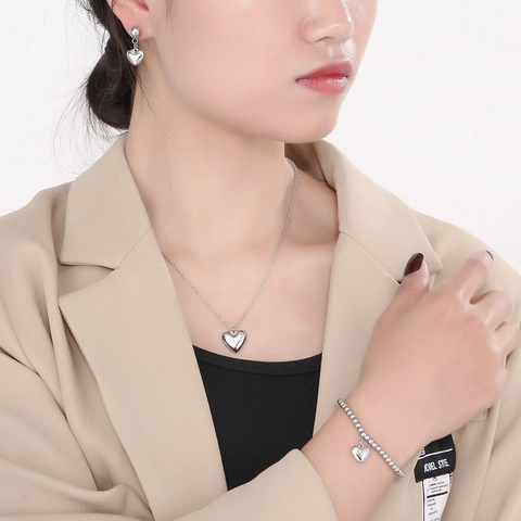 Collana Con Pendente A Cuore Bracciale Di Perline Orecchini Acciaio Inossidabile Gioielli Lucidi Per Donne Moda Regalo