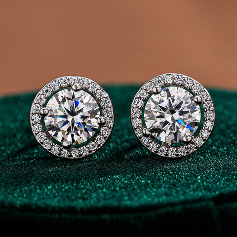 Round Halo Stud Earrings With 925 Sterling Silver Earring Post Moissanite Sparkling Jewelry For Women Wedding Elegant