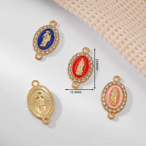 Pendentifs Ovales Religieux Vierge Marie En Émail Allié Avec Connecteurs À Double Boucle En Strass Pour La Création De Bijoux DIY