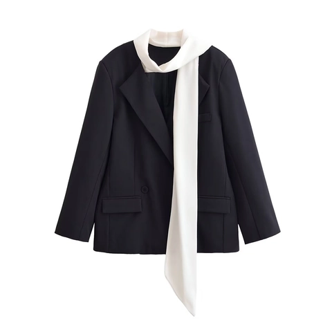Chaqueta Blazer De Mujer Poliéster Color De Contraste Bufanda Lazo Solapa Minimalista Oficina Casual
