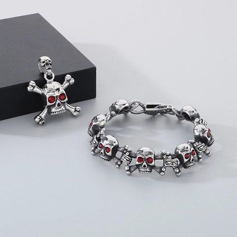Stainless Steel Skull Crossbones Pendant Necklace And Red Rhinestone Eye Skull Bracelet Punk Hip Hop Jewelry Men
