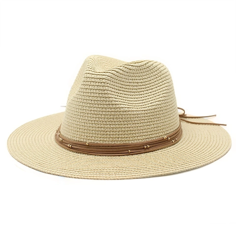 Fedora Straw Hat Women Summer Beach Sun Protection Wide Brim Panama Jazz Cap With Leather Belt Gold Beads
