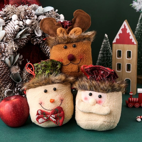 Bolsas De Regalo De Navidad Felpa Arpillera Punto Cordón Bolsa Papá Noel Muñeco De Nieve Reno Dulces Favor Fiesta