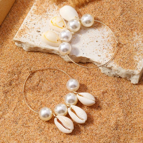 Boheemse Legering Kunstparel Schelp Ring Oorbellen Strandvakantie Handgemaakte Kralen Cirkel Hangende Oorbellen Voor Vrouwen Sieraden