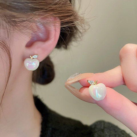 Apple Stud Earrings Alloy Rhinestone With Silver Earring Post Sweet Fruit Style Jewelry For Women