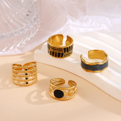 Stainless Steel Geometric Heart Ring Gold Plated Black Enamel Open Adjustable Fashion Jewelry For Women Retro Style