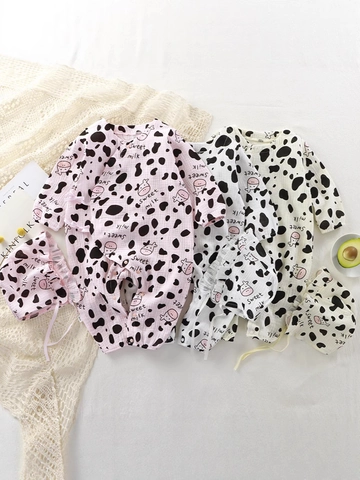 Newborn Baby Boy Girl Cotton Muslin Romper And Hat Cow Print Long Sleeve Jumpsuit Spring Autumn Infant Sleepwear Clothing
