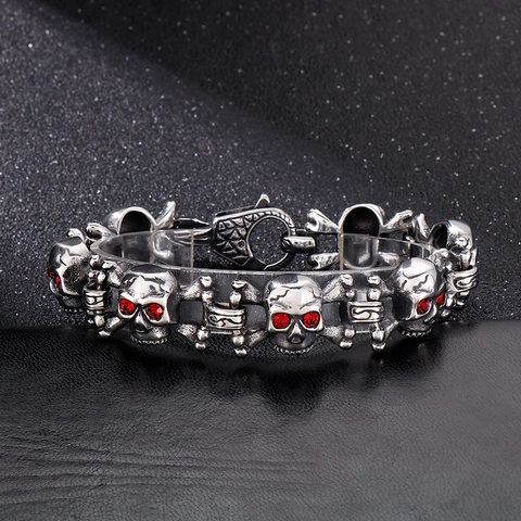 Skull Head Bracelet Stainless Steel With Red Rhinestone Eyes Vintage Silver Hip Hop Punk Gothic Style For Men