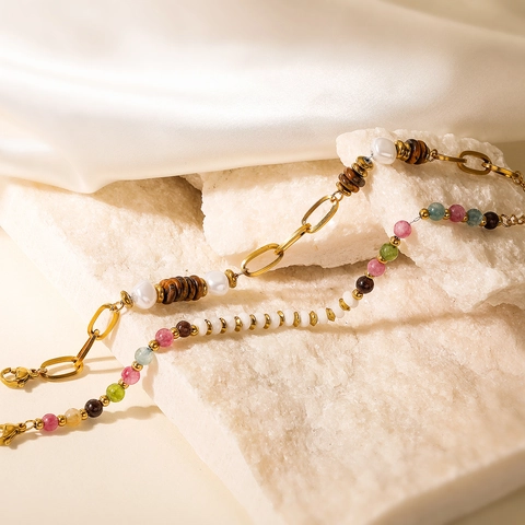 18K Vergulde Roestvrijstalen Kralen Armband Voor Dames Met Kunstparel En Tijgeroog Stenen Verstelbare Boho INS Sieraden