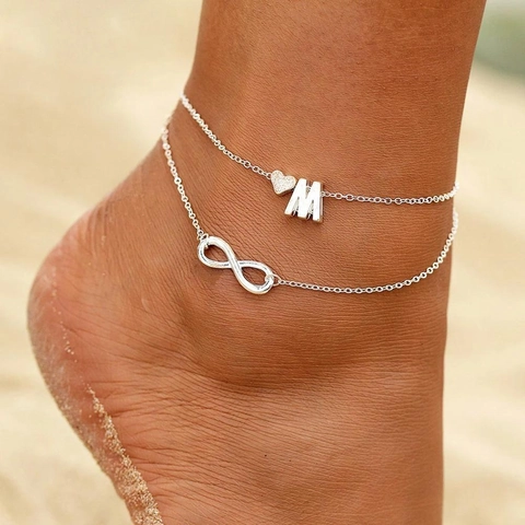 Double Layer Heart Infinity Letter Anklet For Women Simple Bohemian Alloy Foot Chain Adjustable Beach Jewelry Foot Accessory