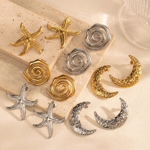 Stainless Steel Starfish Moon Spiral Earrings For Women Hammered Texture Minimalist Gold Silver Plated Fashion Jewelry