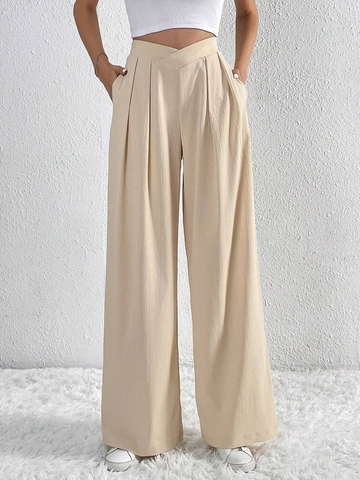 Women Wide Leg Pants High Waisted V Cross Waist Relaxed Fit Pleated Texture Polyester Elastane Casual Long Trousers