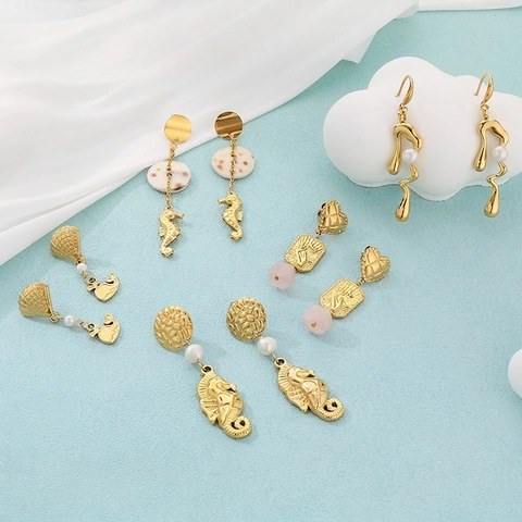 Gold Stainless Steel Marine Animal Drop Earrings With Artificial Pearl Seahorse Whale Shell Pendant Bohemian Jewelry For Women