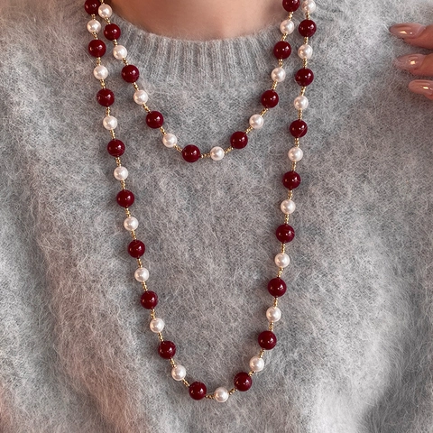 Beaded Long Necklace Red Glass Beads White Crystal Artificial Pearls Gold Plated Accents Retro Elegant Women Sweater Chain