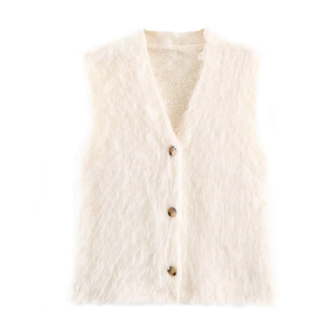 Women Casual V Neck Sleeveless Knitted Vest Solid Color Plush Button Down Knit Waistcoat Fashion Streetwear Autumn Sweater Top
