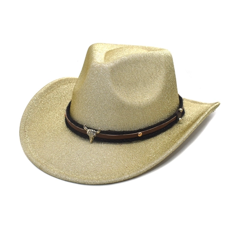 Chapeau De Cowboy Occidental Paillettes Ceinture Cuir Cloutée Décor Crâne Tête De Taureau Bord Large Fedora Style Ethnique